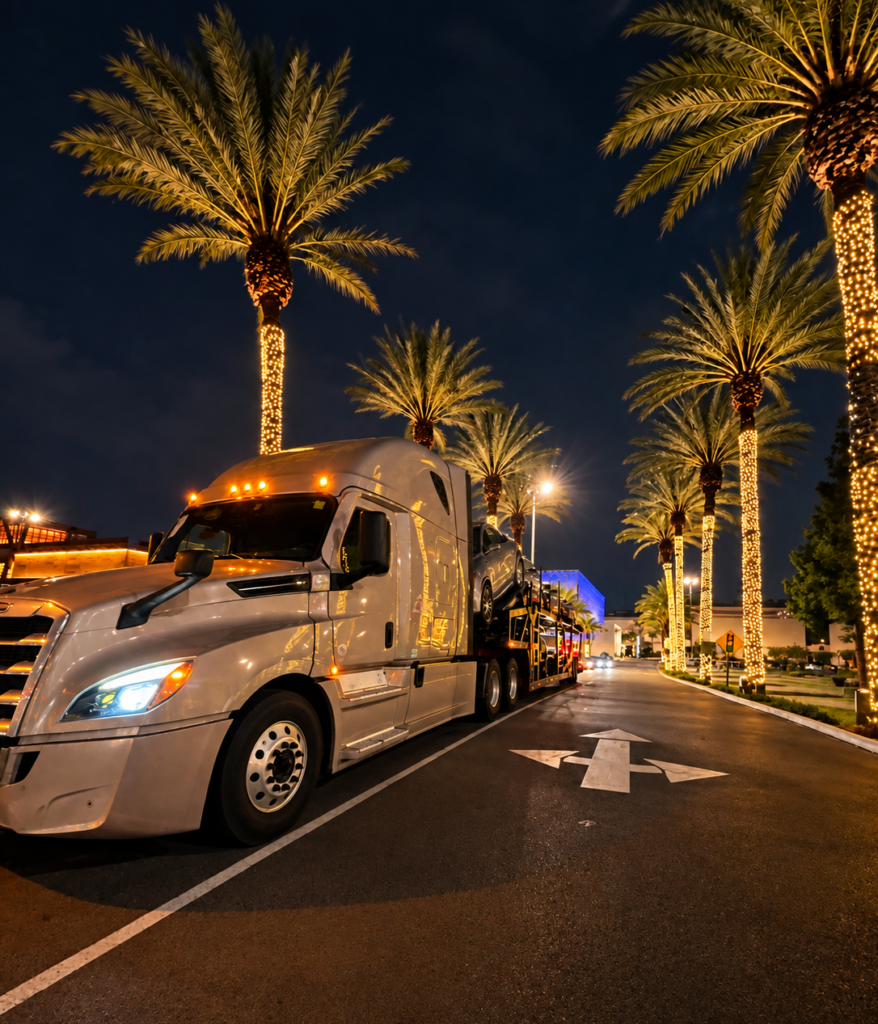 Auto transport carrier on a palm-lined street in Florida