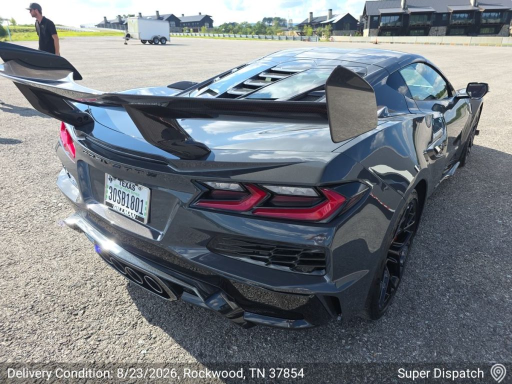 Rear view of 2027 Corvette ZR1X after enclosed transport to Flatrock Motorclub