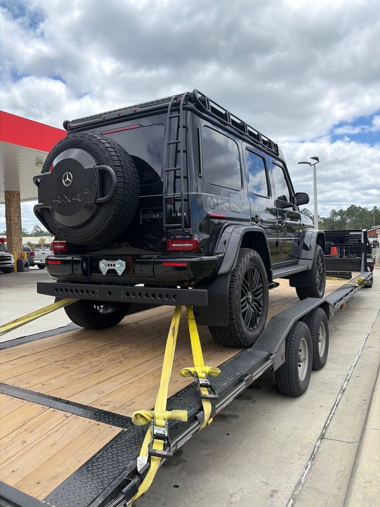 Mercedes G 63 4x4 Squared on a dedicated hauler during transport from Florida to Connecticut