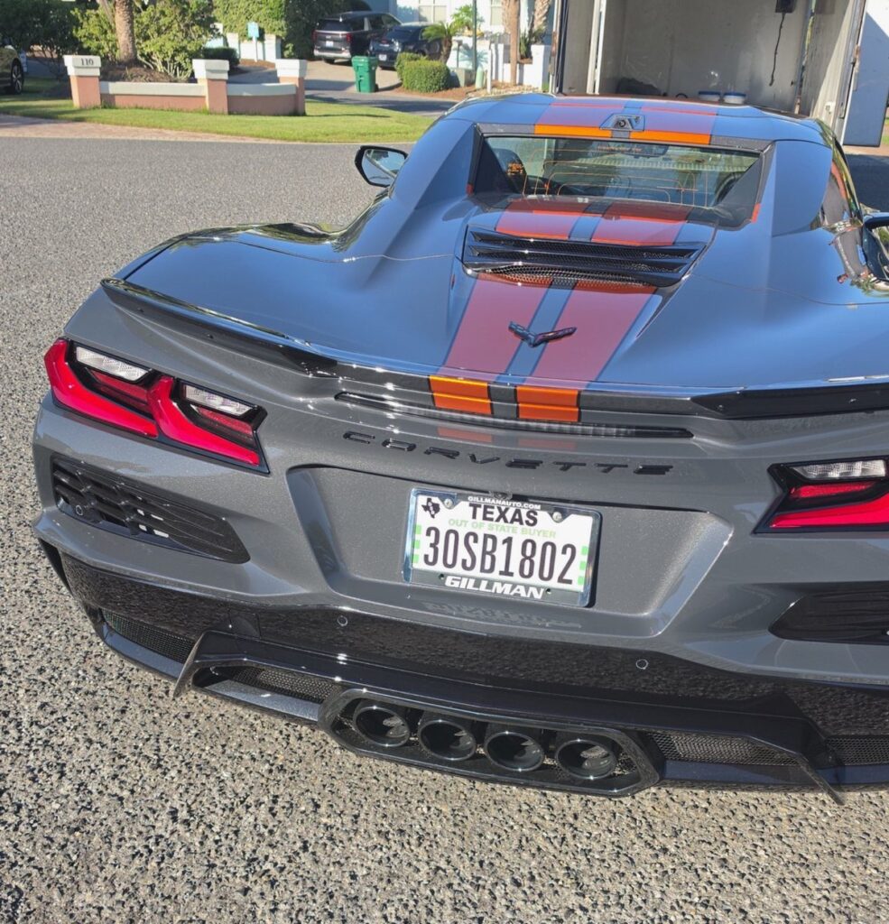 Rear of 2027 Corvette Grand Sport transported from Gillman Chevrolet in San Benito, Texas